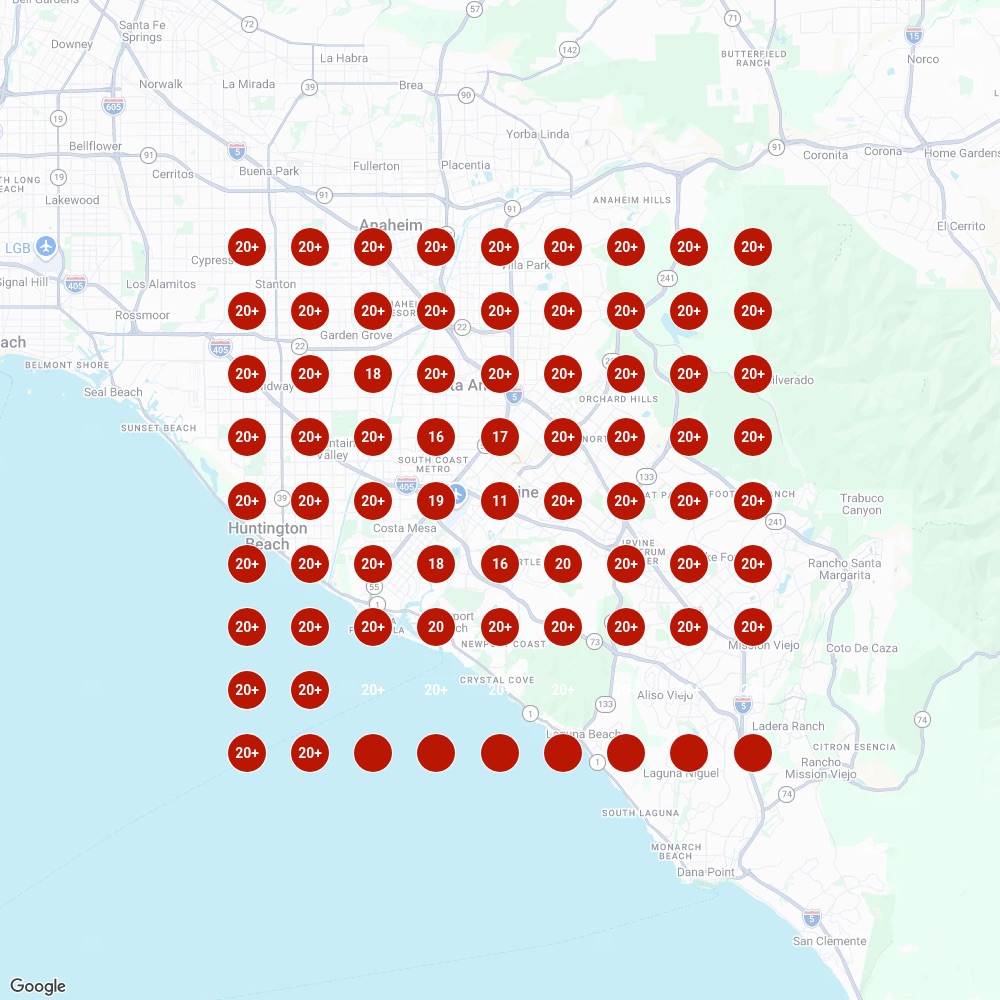 Map grid for tax relief irvine: outside the top 10 on every pin, 20+ on most