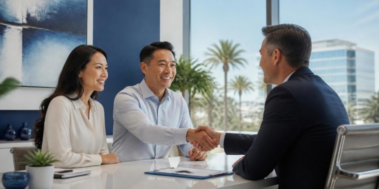 An Irvine couple shaking hands with their Safeway Tax advisor after their IRS case is resolved