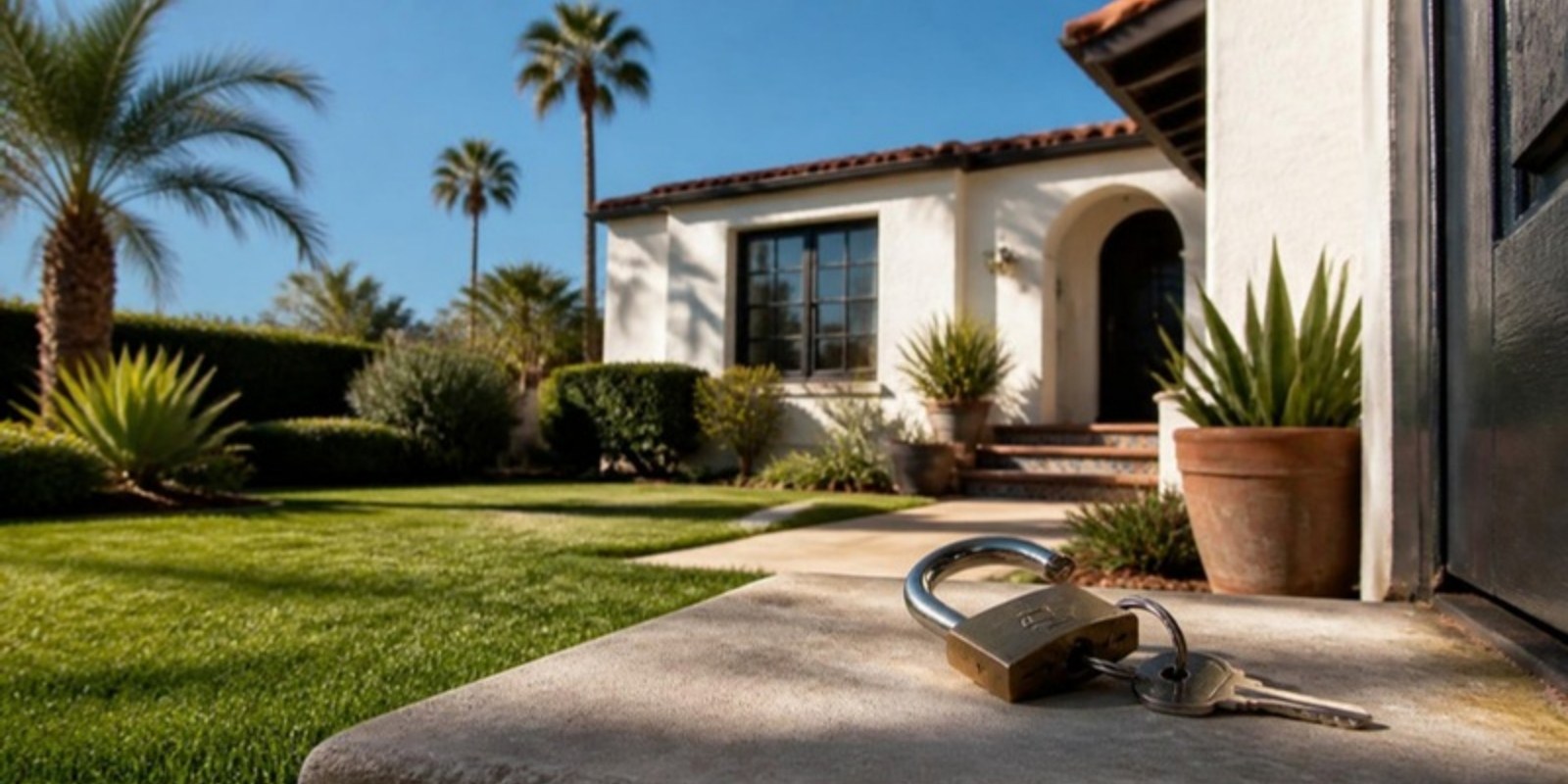 A sunny Irvine home with the keys and an open lock on the step, lien and levy help
